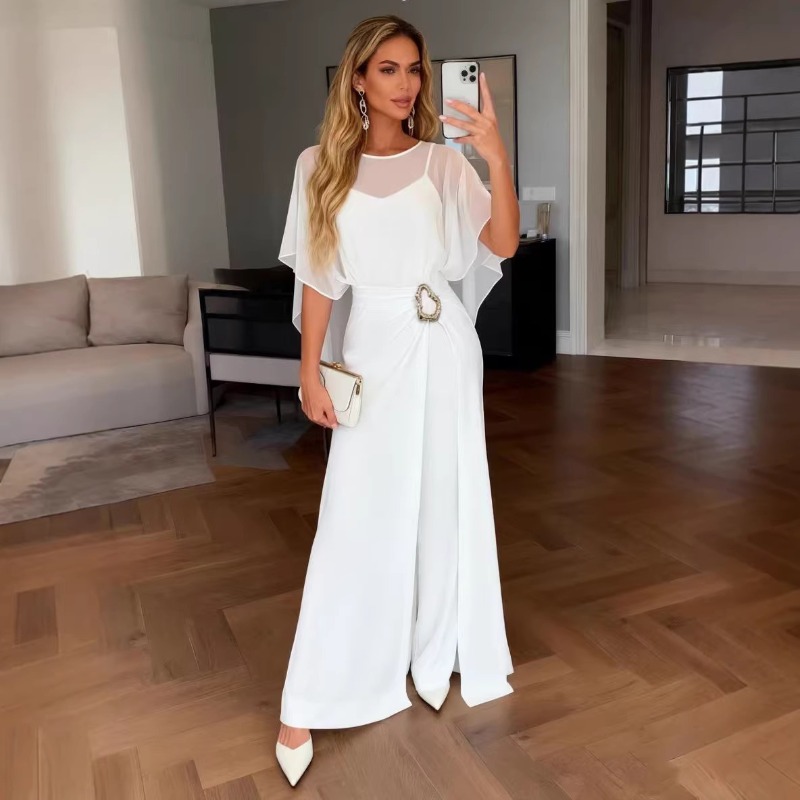Men'S Formal Wear For Wedding Guest - 2026 New Women White Chiffon Jumpsuit