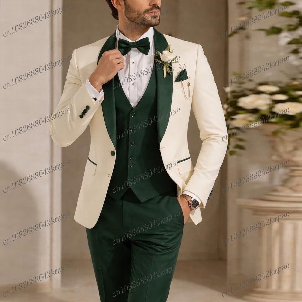 Men'S Formal Wear Rental - New Ivory And Dark Green Formal