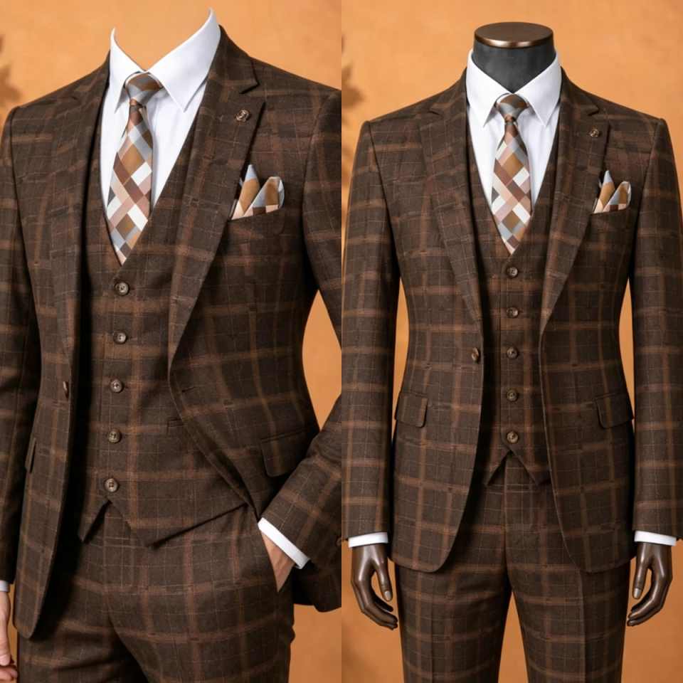 Elegant Brown Plaid Men 3 Piec - Men Formal Wear Brown review and price